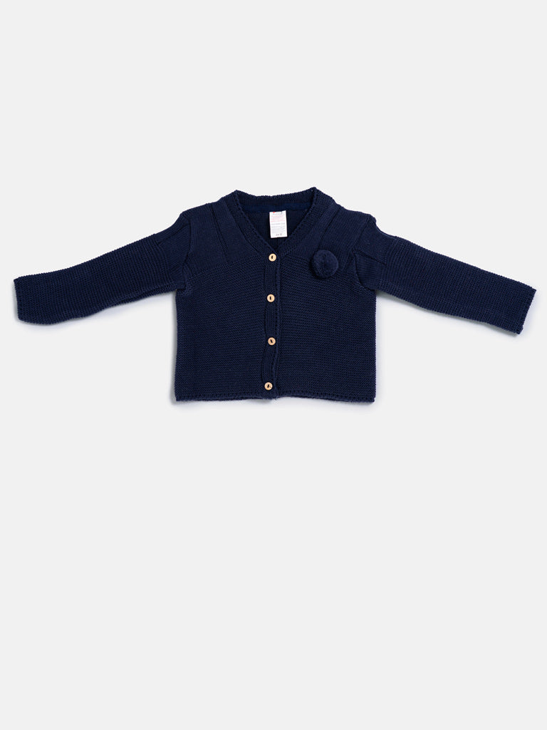 Baby Boy Button-Down Knitted Cardigan with Pom-Pom - Navy Blue