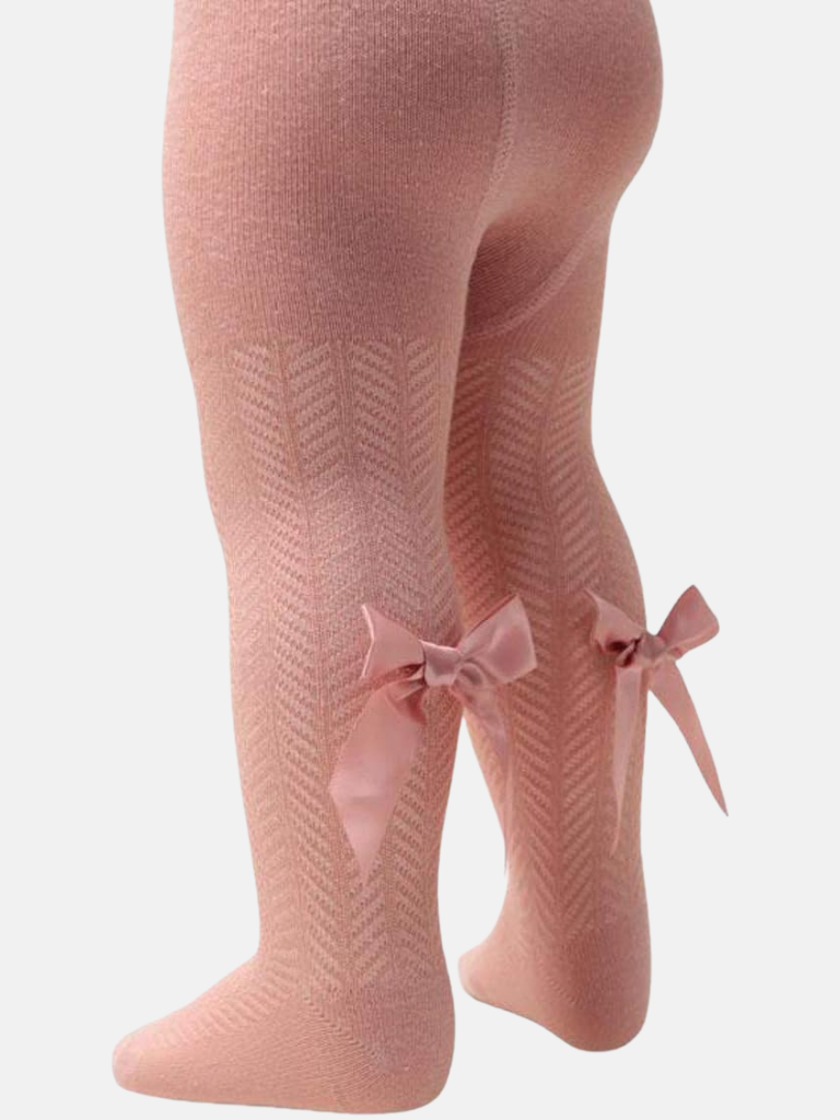 Baby Girl Tights with Satin Bow - Dusty Pink