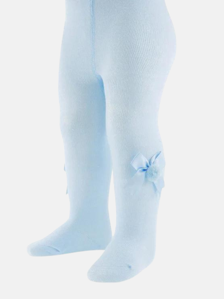 Baby Girl Tights with Bow & Pom-pom - Baby Blue