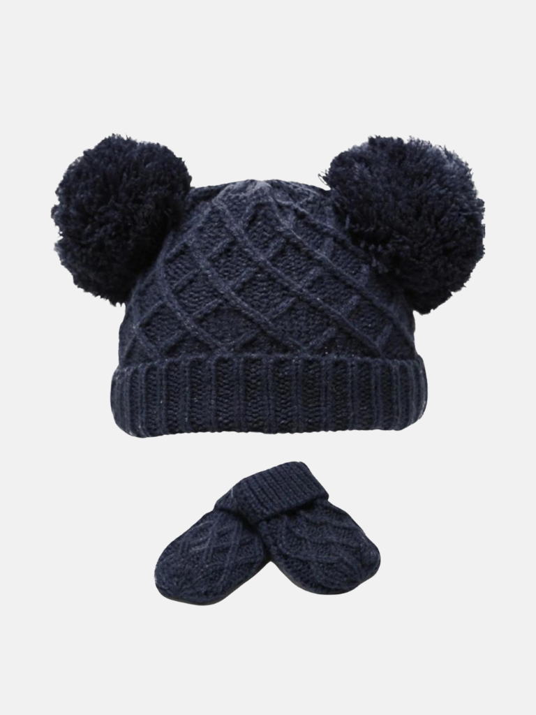 Baby Unisex Diamond Knit Hat with Mittens - Navy Blue