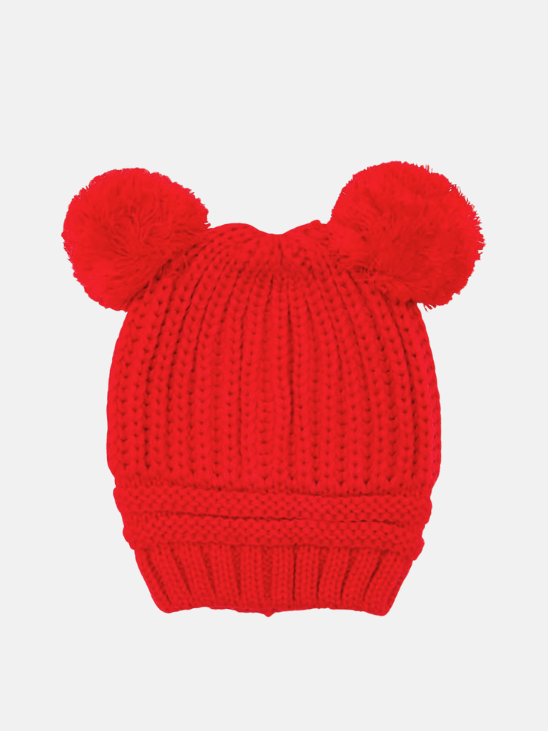 Baby Unisex Ribbed Double Pom-pom Hat - Red