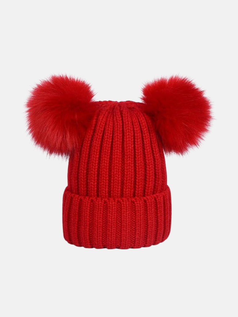 Baby Unisex Double Faux Fur Pom-pom Hat - Red