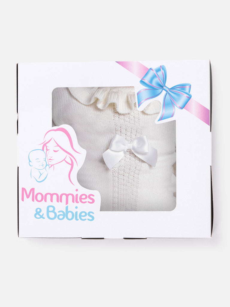 Baby Girl Rosabella Collection 3-piece Knitted Set with Bows and Bonnet - Ivory