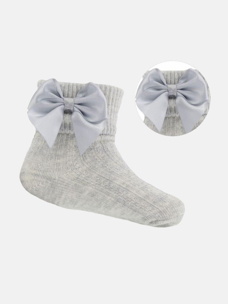 Baby Girl Pretty Ankle Socks with Satin Bow - Grey