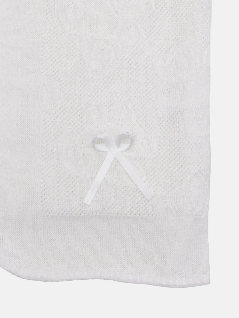 Baby Blanket with Teddy pattern and Ribbon Bow - White
