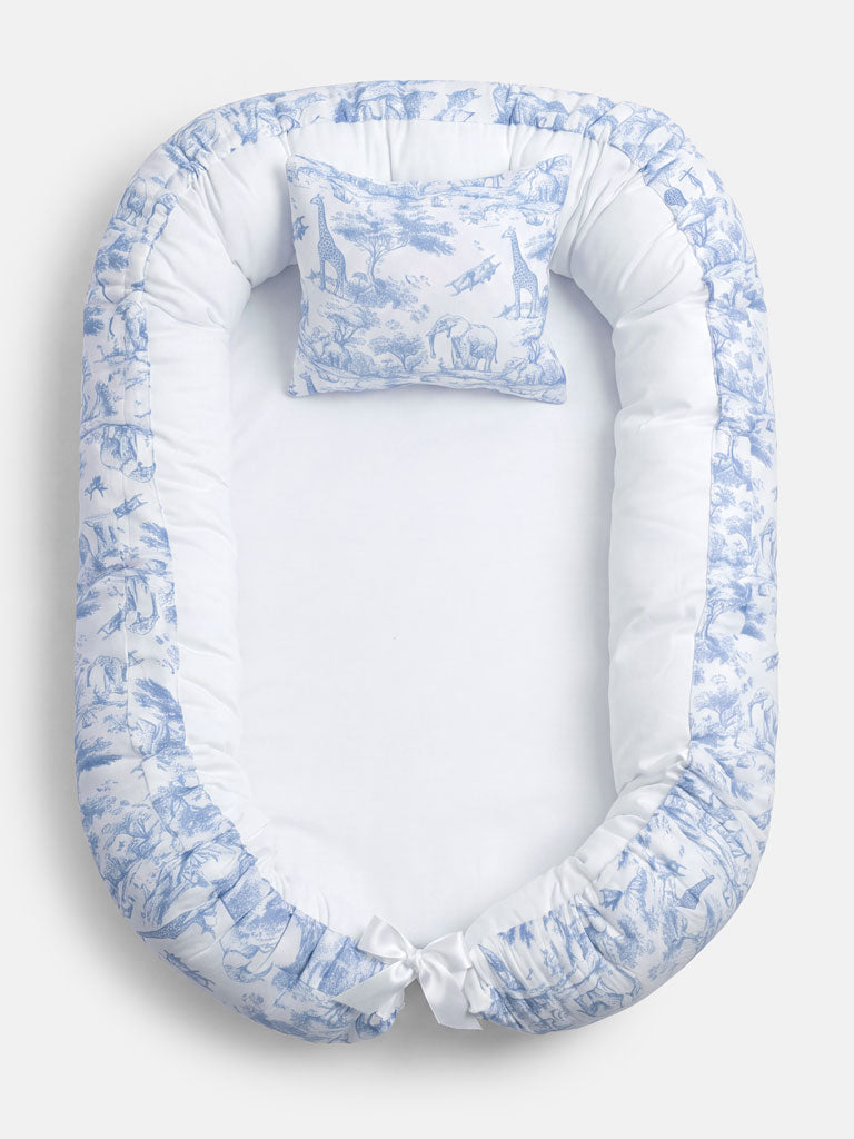 Baby Sleeping Nest + Matching Pillow Set - Safari Collection - Baby Blue