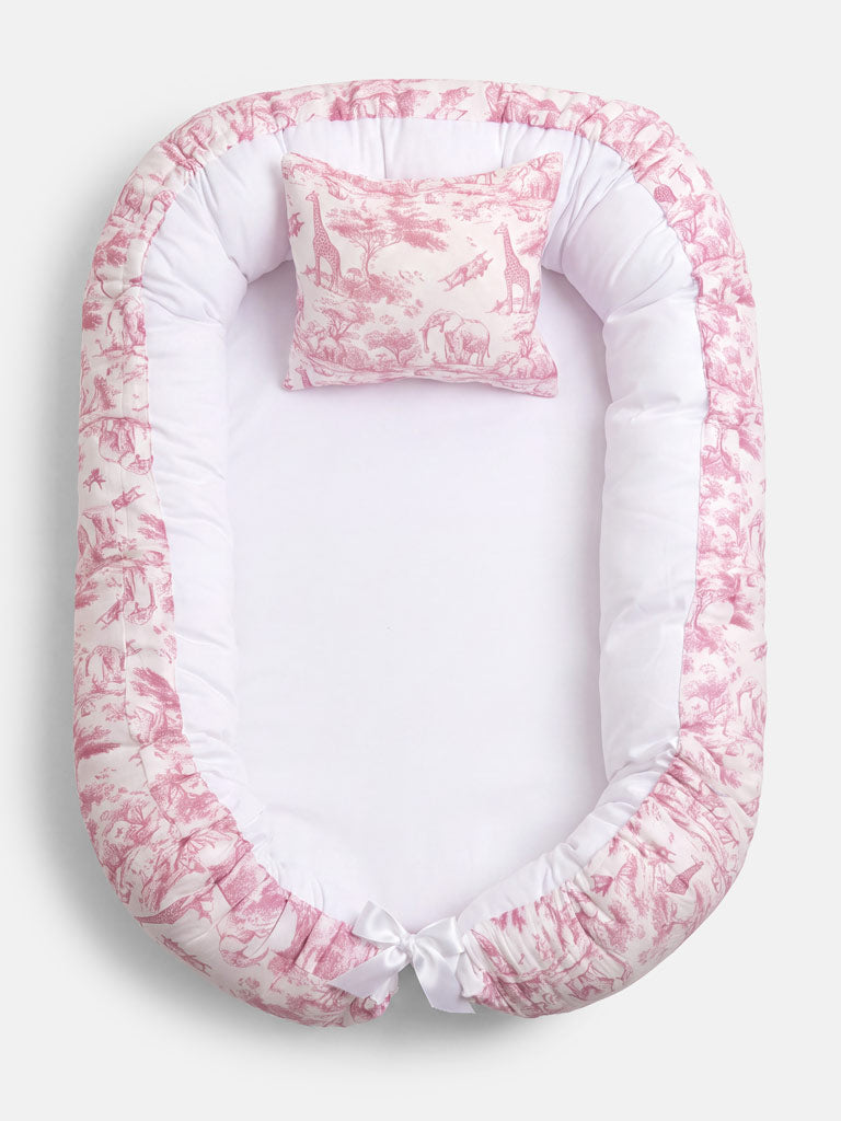Baby Sleeping Nest + Matching Pillow Set - Safari Collection - Baby Pink
