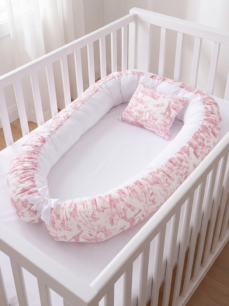 Baby Sleeping Nest + Matching Pillow Set - Safari Collection - Baby Pink