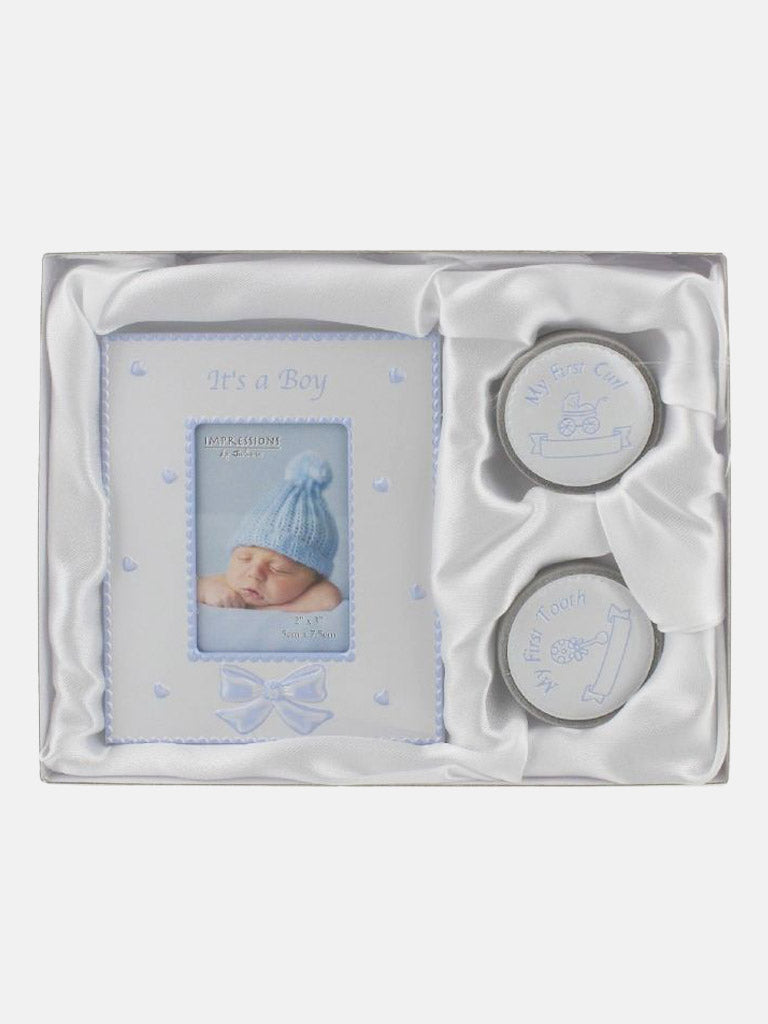 Baby Boy Little Joys Gift Set - 2" X 3" Frame / 1st Tooth /1st Curl Boxes - Baby Blue