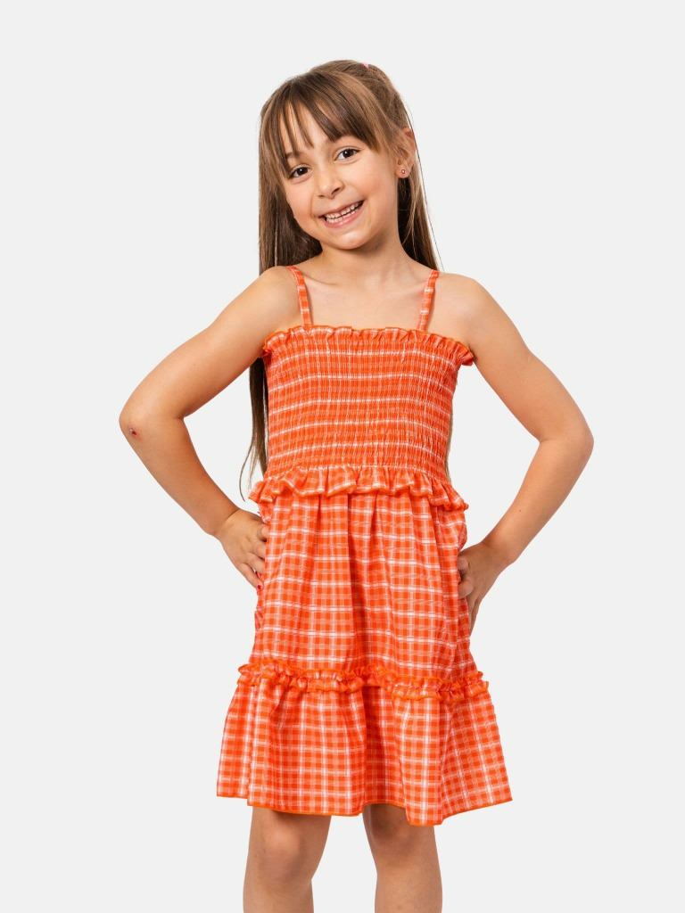 Junior Girl Checkered Smocked Summer Dress-Orange