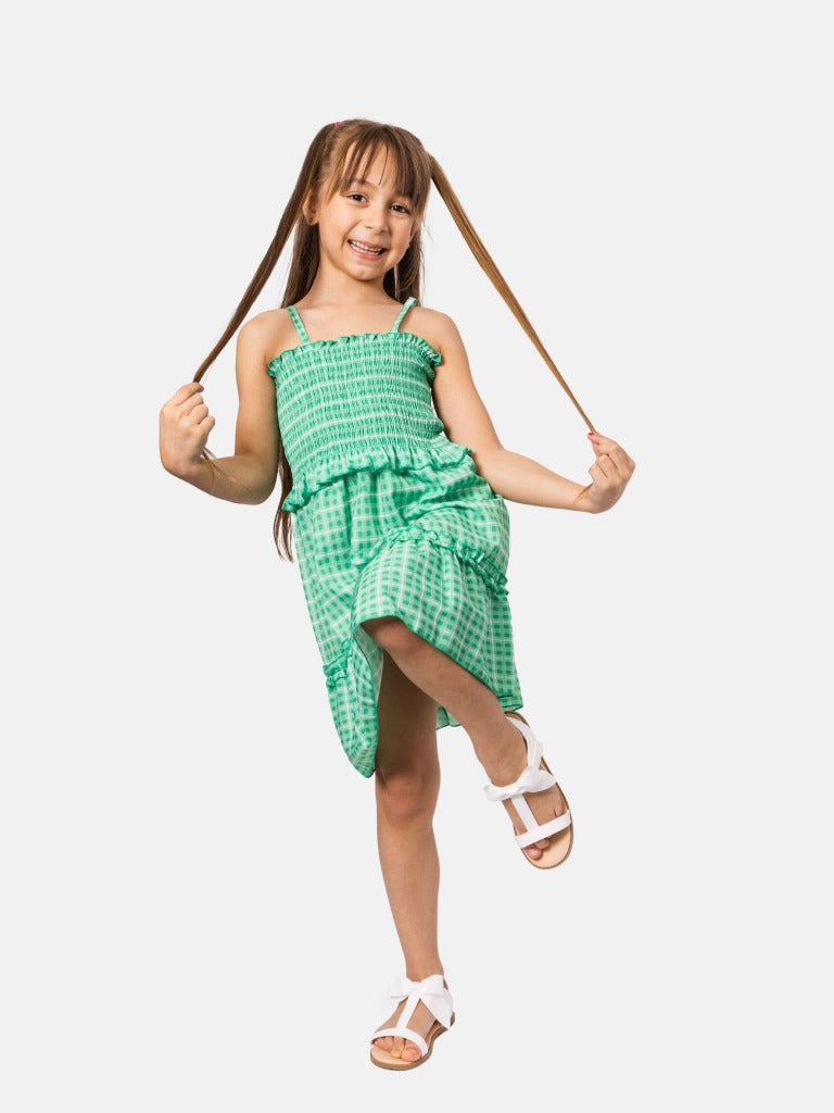 Junior Girl Checkered Smocked Summer Dress-Green