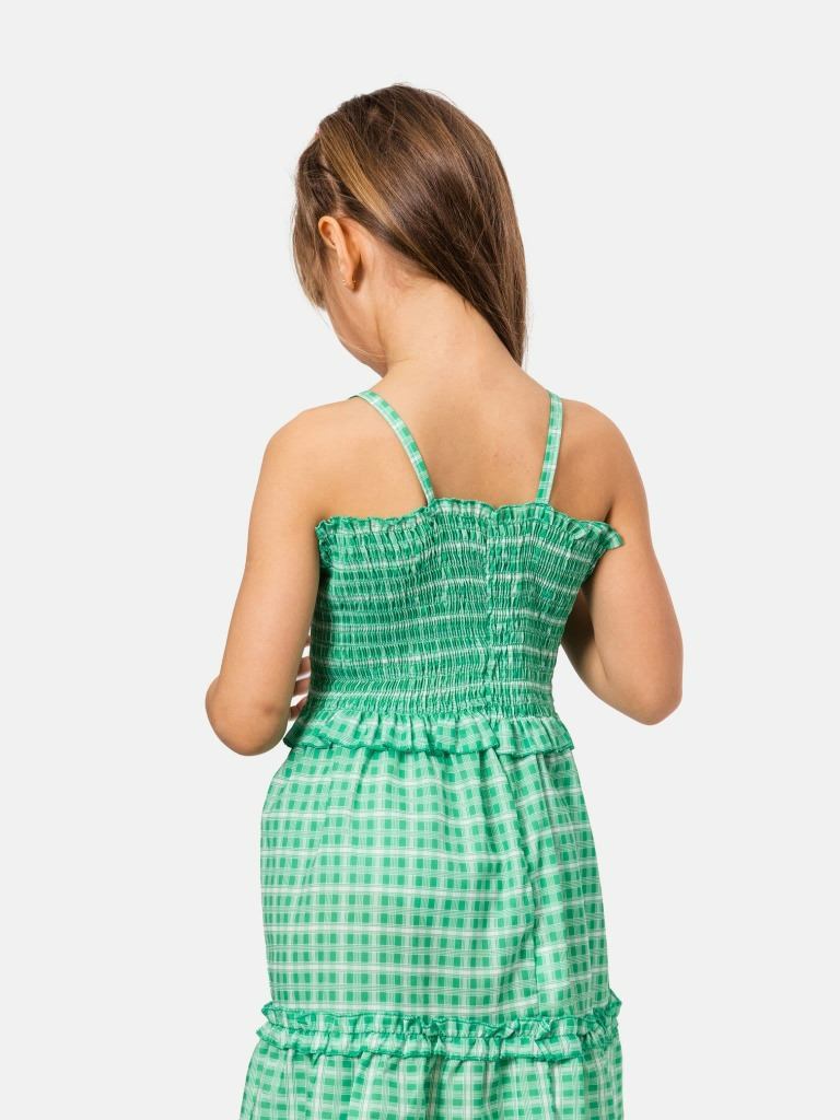 Junior Girl Checkered Smocked French Summer Dress - Green