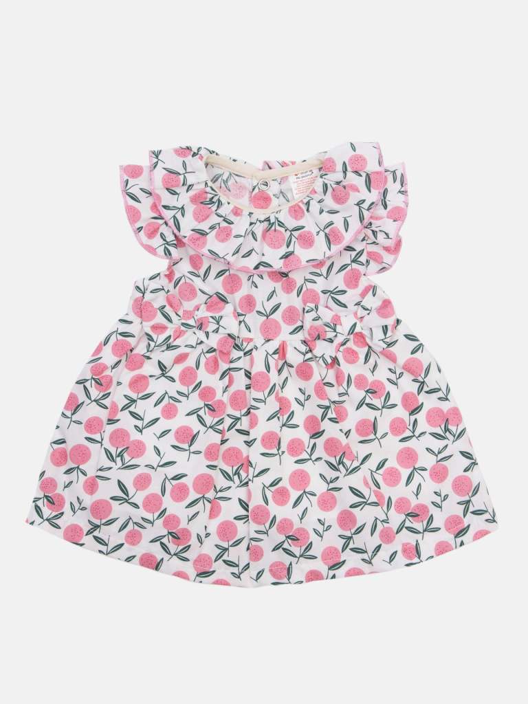 Baby Girl Cherry Print Spanish Dress with Ruffle Collar and Bows - Pink