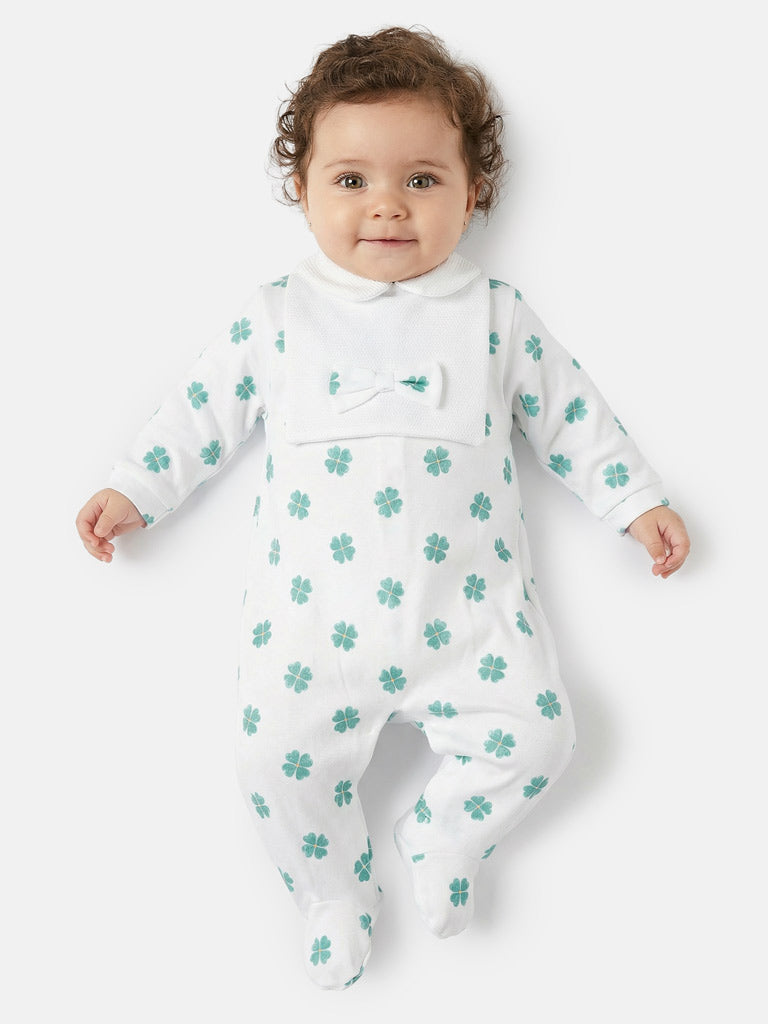 Baby Grow Lucky Clover Collection with Peter Pan Collar & Bow - Limited Edition - White & Green
