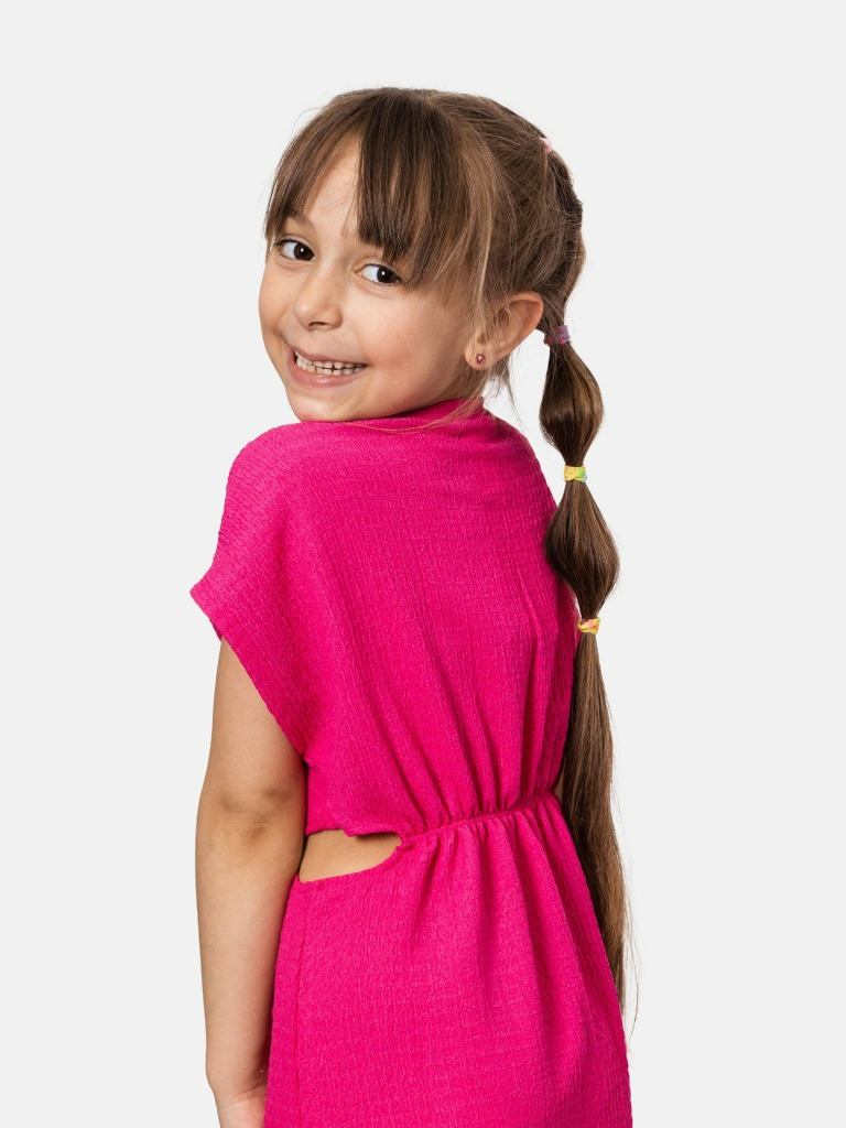 Junior Girl Lou Crinkled Summer Dresses with Playful Cut-Outs - Fuchsia Pink