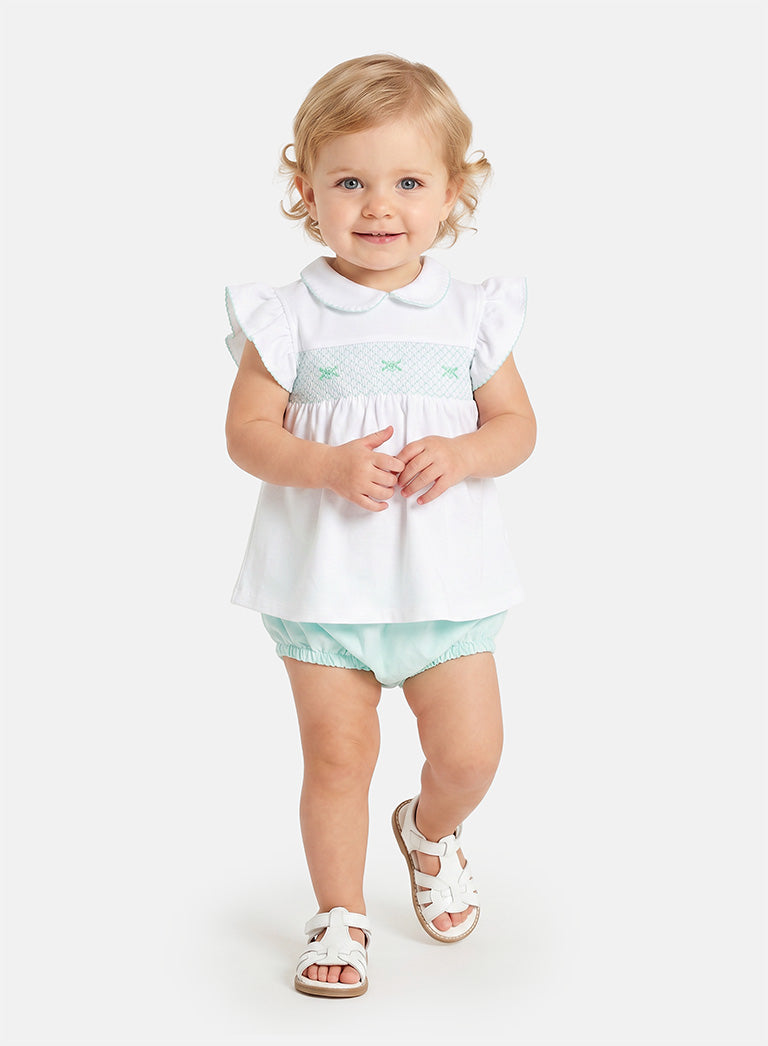 Baby Girl Malvina Collection 2-Piece Smocked Romper Set - Mint Green