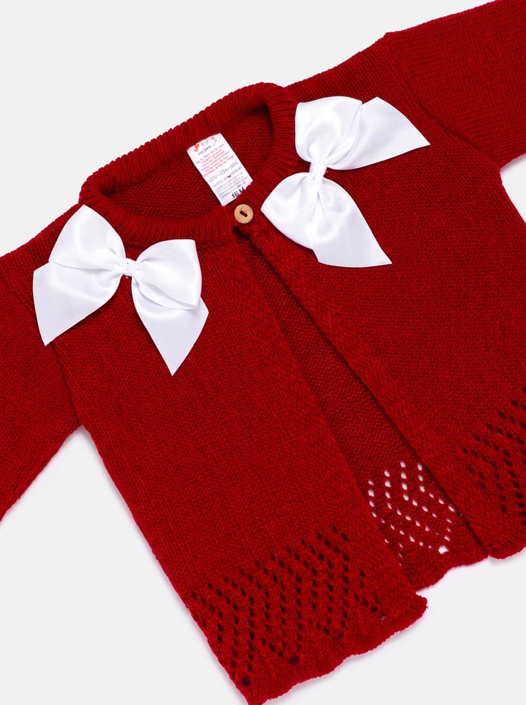 Baby Girl Cardigan with 2 Big Bows - Red & White Bow