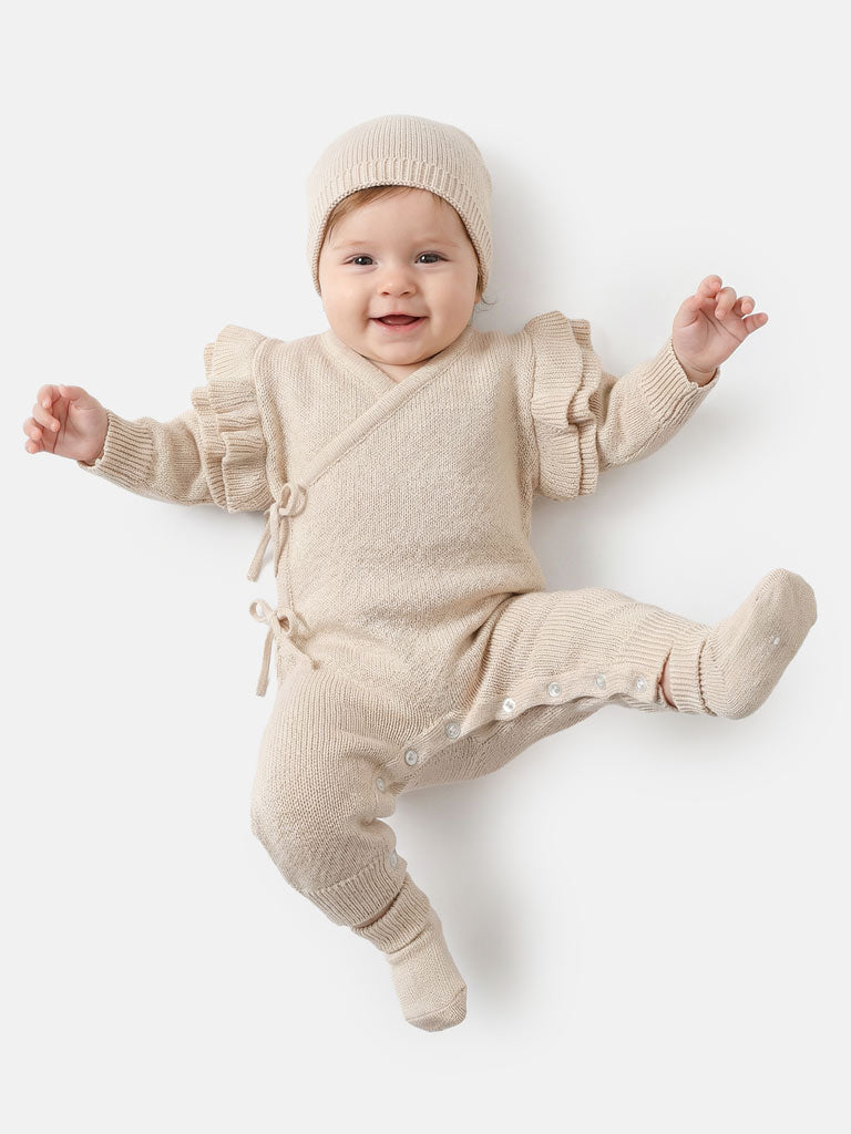 Baby Girl Melissa Collection Knitted 3-Piece Set - Wrap Pramsuit, Hat & Booties - Beige
