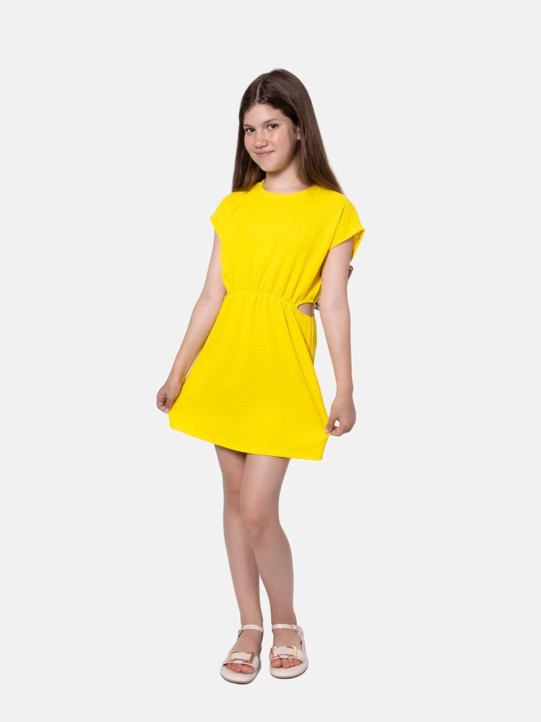 Junior Girl Lou Crinkled Summer Dresses with Playful Cut-Outs-Yellow