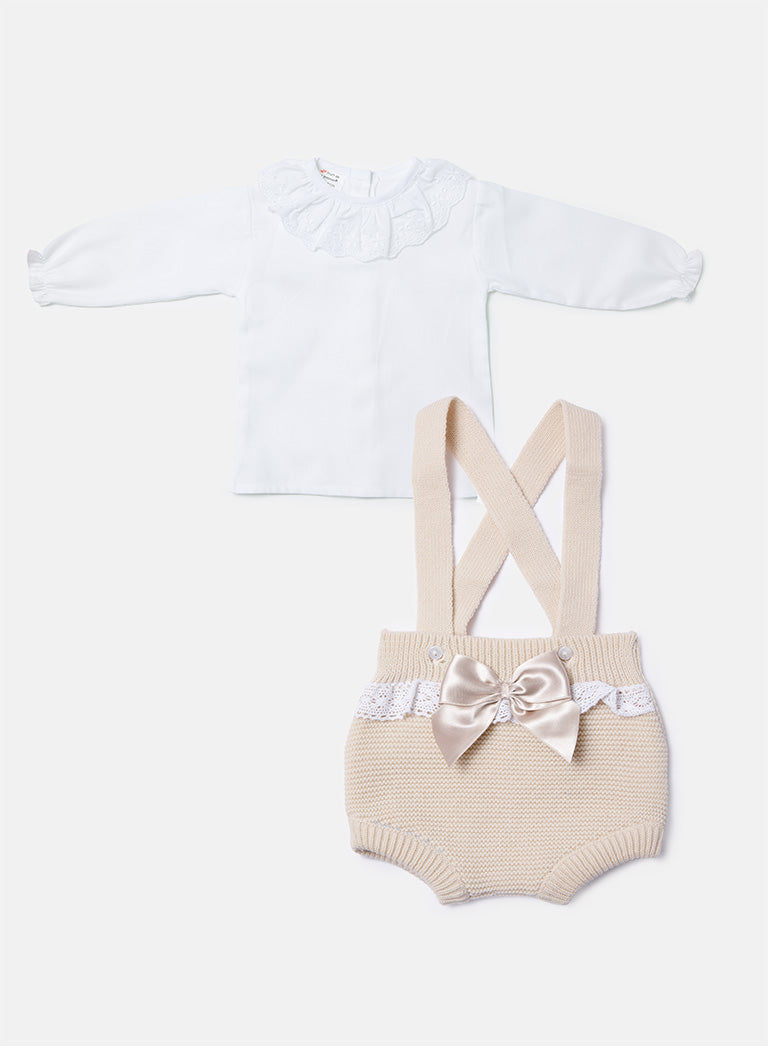 Baby Girl Tina Collection 2-piece Spanish Knitted Romper Set - Beige