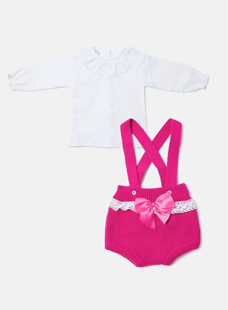 Baby Girl Tina Collection 2-piece Spanish Knitted Romper Set - Fuchsia Pink