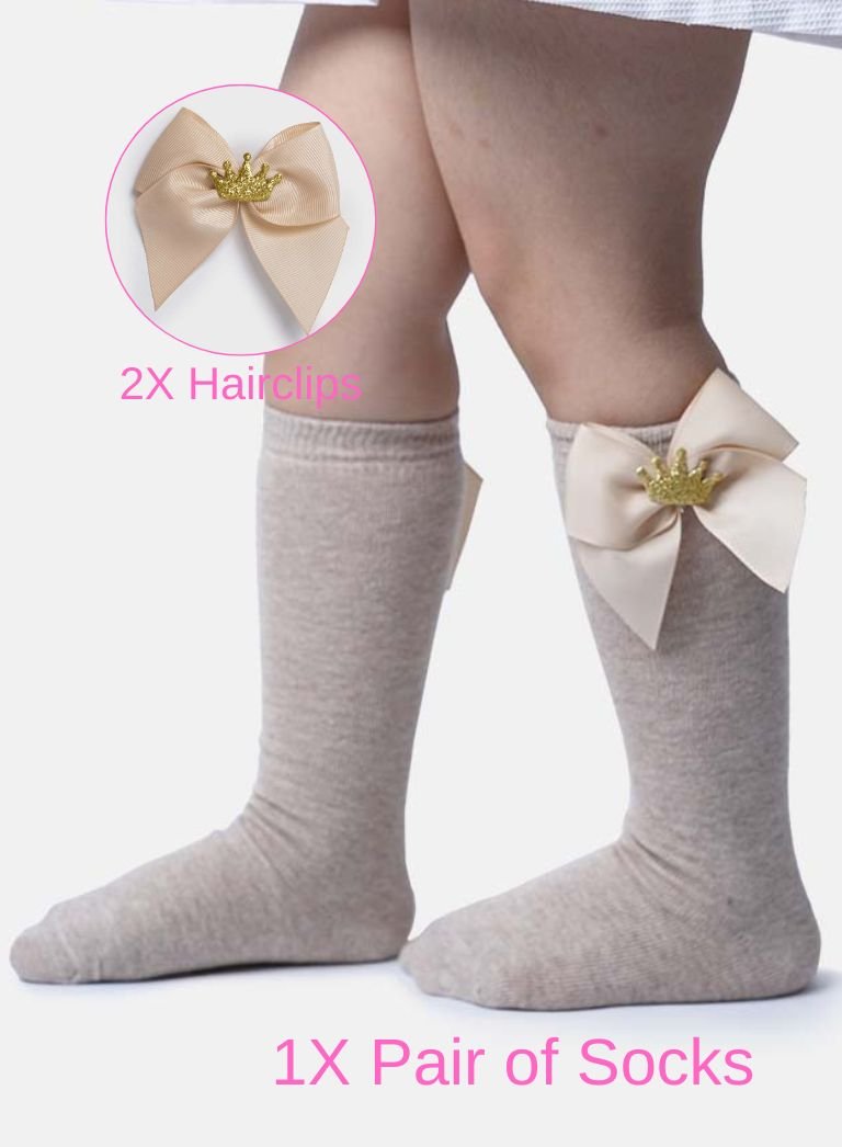 Matching Crown Socks and Hairclips Bundle - Beige
