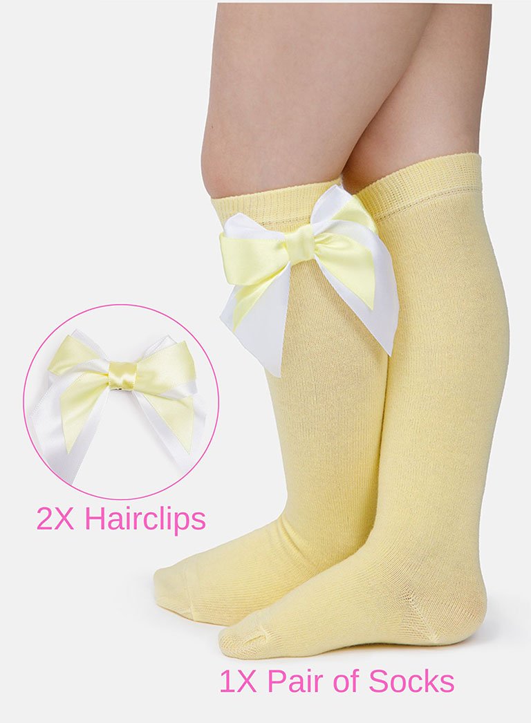 Matching Double Bow Socks & Hairclips Bundle - Lemon Yellow & White