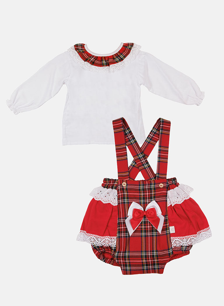 Baby Girl Winter Wonderland Collection Tartan Romper with Frills, Lace and Bows - Tartan and White collar
