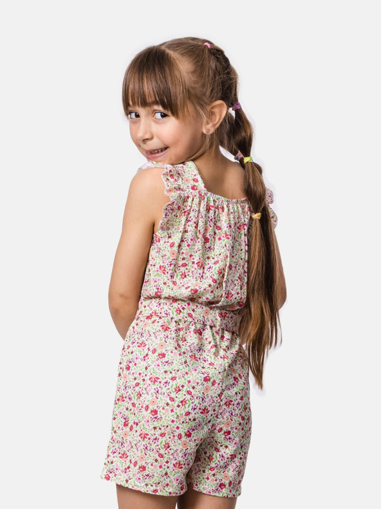 Junior Girl Stephanie French Collection Short Sleeves Summer Romper with Waistband and Ruffles - Cream