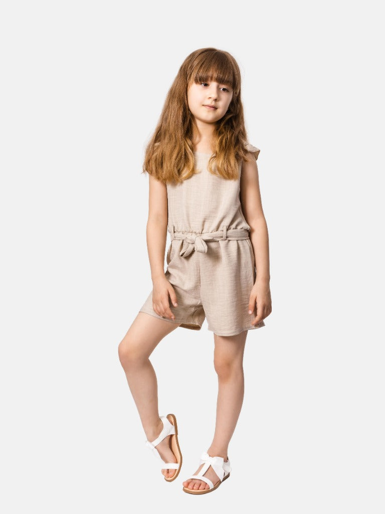 Junior Girl Stephanie French Collection Short Sleeves Summer Romper with Waistband and Ruffles - Beige