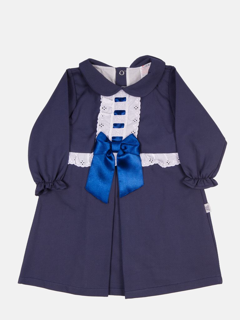 Baby Girl Julieta Classic Dress With Bow Long Sleeves - Navy Blue