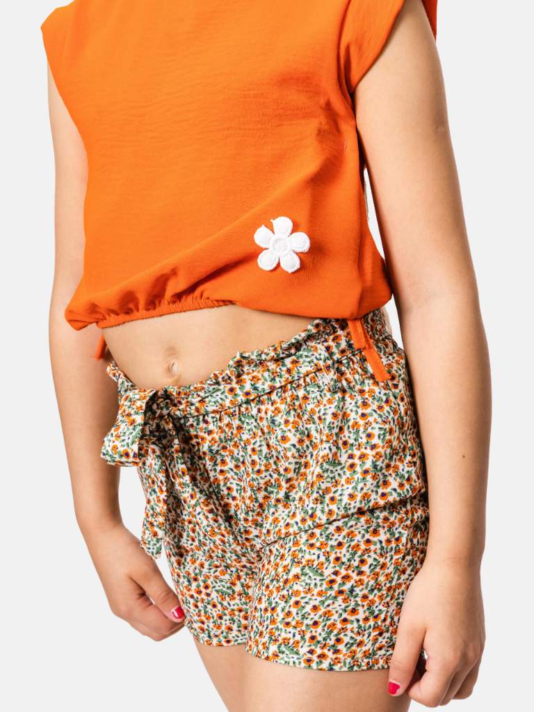 Junior Girl Louane French Collection Top with flower and Floral Printed Shorts with Elasticated Drawstring Set - Orange and Beige