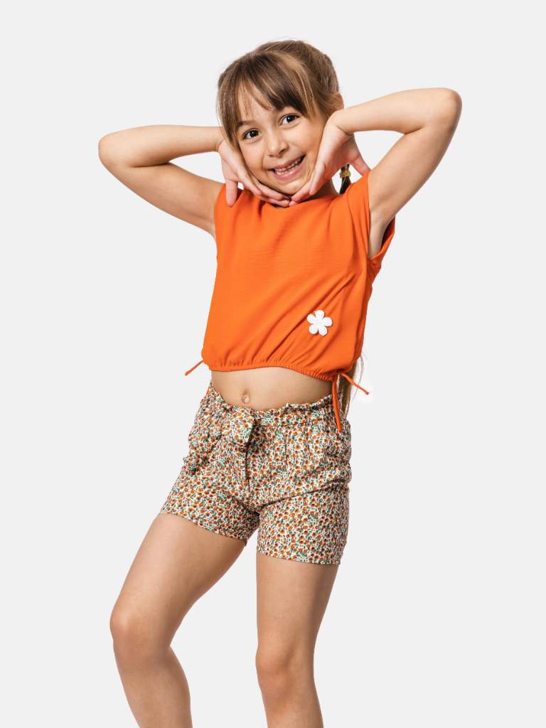 Junior Girl Louane French Collection Top with flower and Floral Printed Shorts with Elasticated Drawstring Set - Orange and Beige