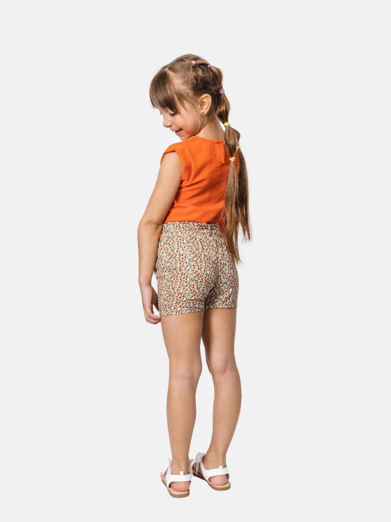 Junior Girl Louane French Collection Top with flower and Floral Printed Shorts with Elasticated Drawstring Set - Orange and Beige