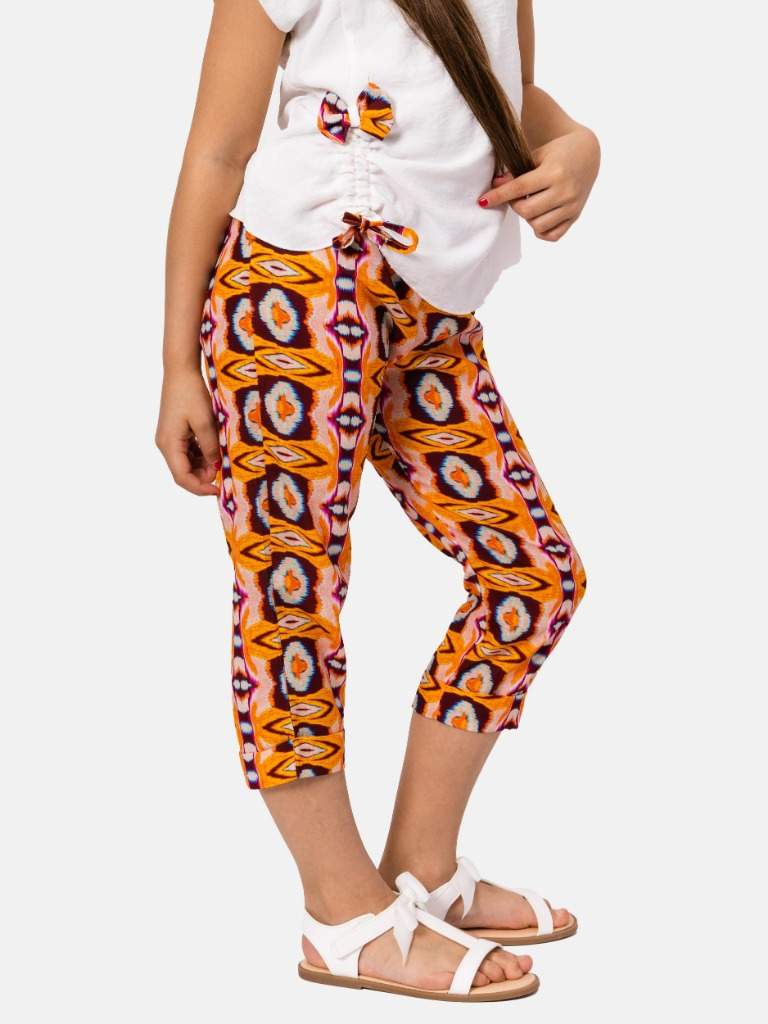 Junior Girl Roxane French Collection Drawstring Top with bow and Printed Pants Set - White and Orange