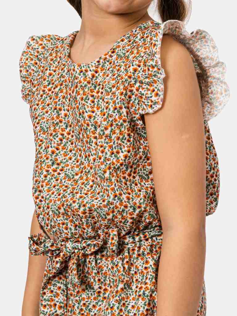 Junior Girl Stephanie French Collection Short Sleeves Summer Romper with Waistband and Ruffles - Beige & Orange