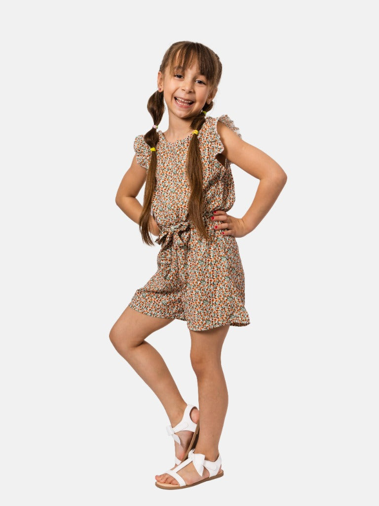 Junior Girl Stephanie French Collection Short Sleeves Summer Romper with Waistband and Ruffles - Beige