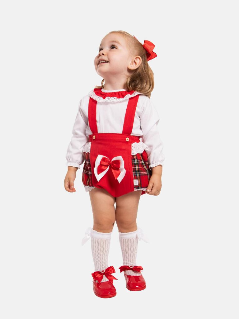 Baby Girl Winter Wonderland Collection Tartan Romper with Frills, Lace and Bows-Red and White collar
