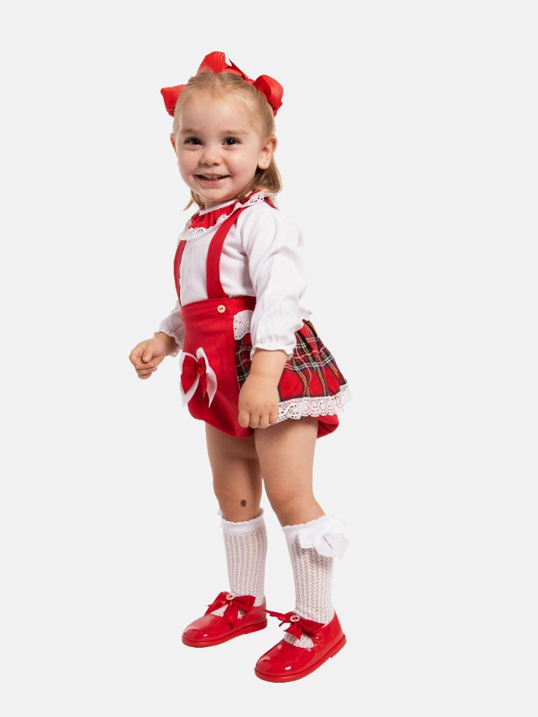Baby Girl Winter Wonderland Collection Tartan Romper with Frills, Lace and Bows-Red and White collar