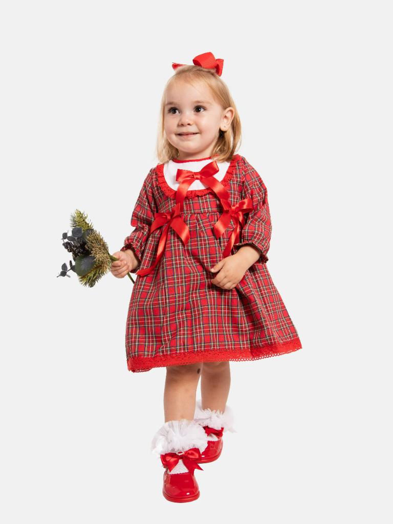 Baby Girl Little Reindeer Collection Tartan Dress with satin bows