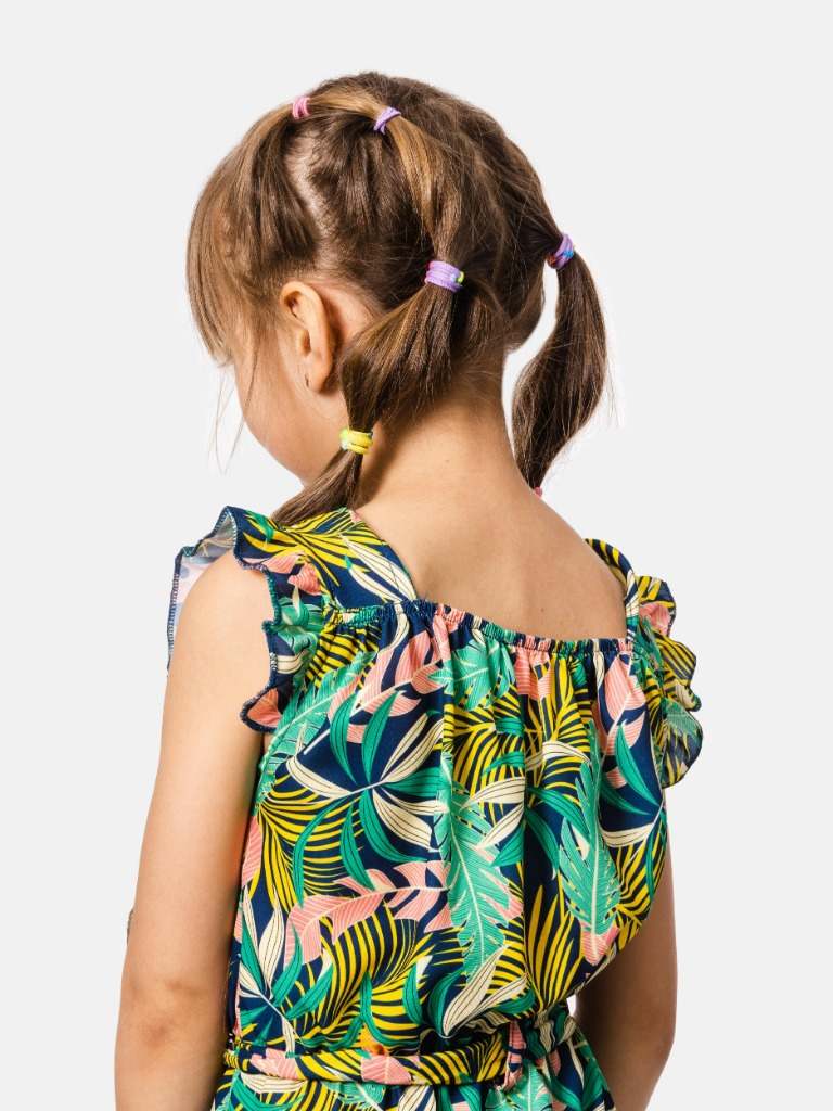 Junior Girl Stephanie French Collection Printed Short Sleeves Summer Romper with Waistband and Ruffles - Green