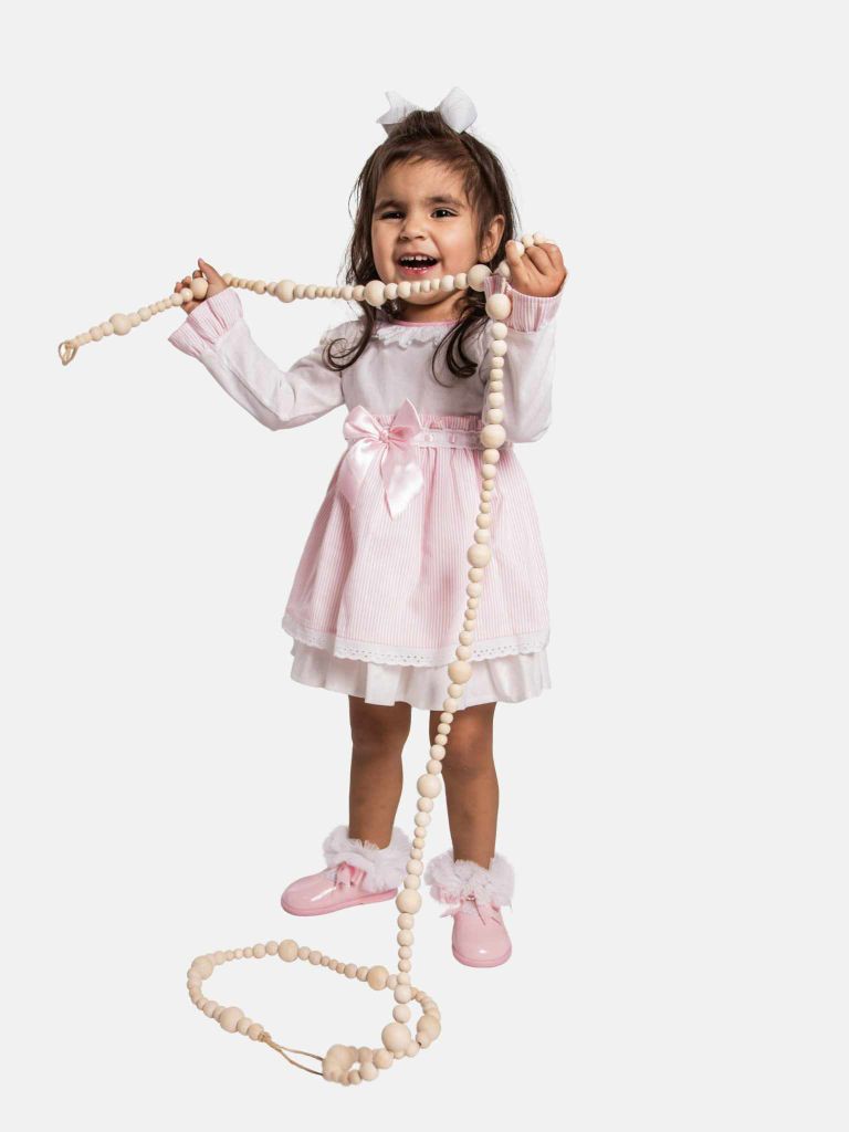 Baby Girl Eva Stripped Dress With Bow and Knickers - Baby Pink