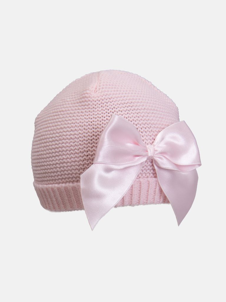 Newborn Baby Girl Luxury Spanish Knitted Hat with Satin Bow - Pink