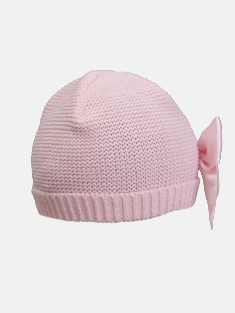 Newborn Baby Girl Luxury Spanish Knitted Hat with Satin Bow - Pink