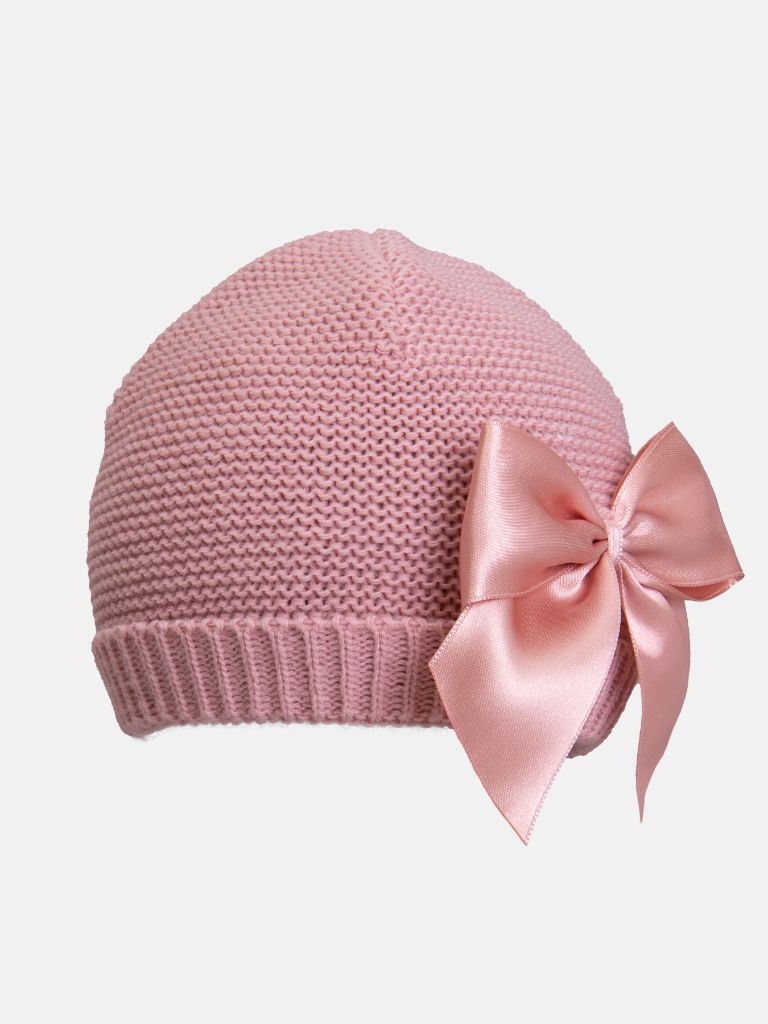 Newborn Baby Girl Luxury Spanish Knitted Hat with Satin Bow - Dusty Pink