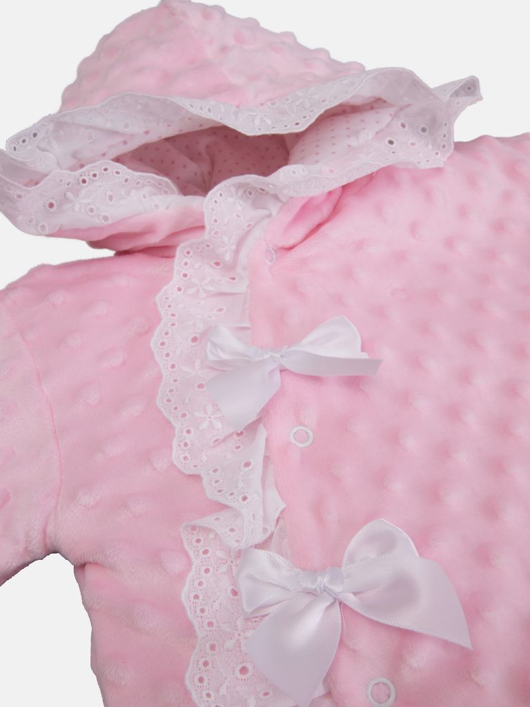 Baby Girl Bubble Hooded Pramsuit with Booties - Baby Pink