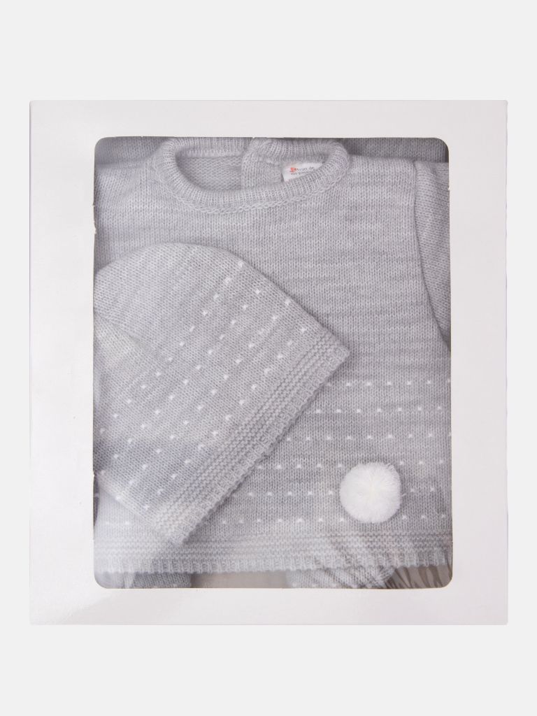 Baby Unisex 3-piece Dotted Line Knitted Gift Box Set with Full Sleeve Top with Pom-pom, Trouser with Booties, and Beanie Hat - Grey