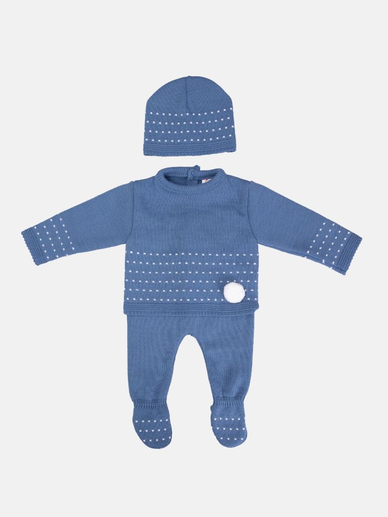 Baby Unisex 3-piece Dotted Line Knitted Gift Box Set with Full Sleeve Top with Pom-pom, Trouser with Booties, and Beanie Hat - Blue