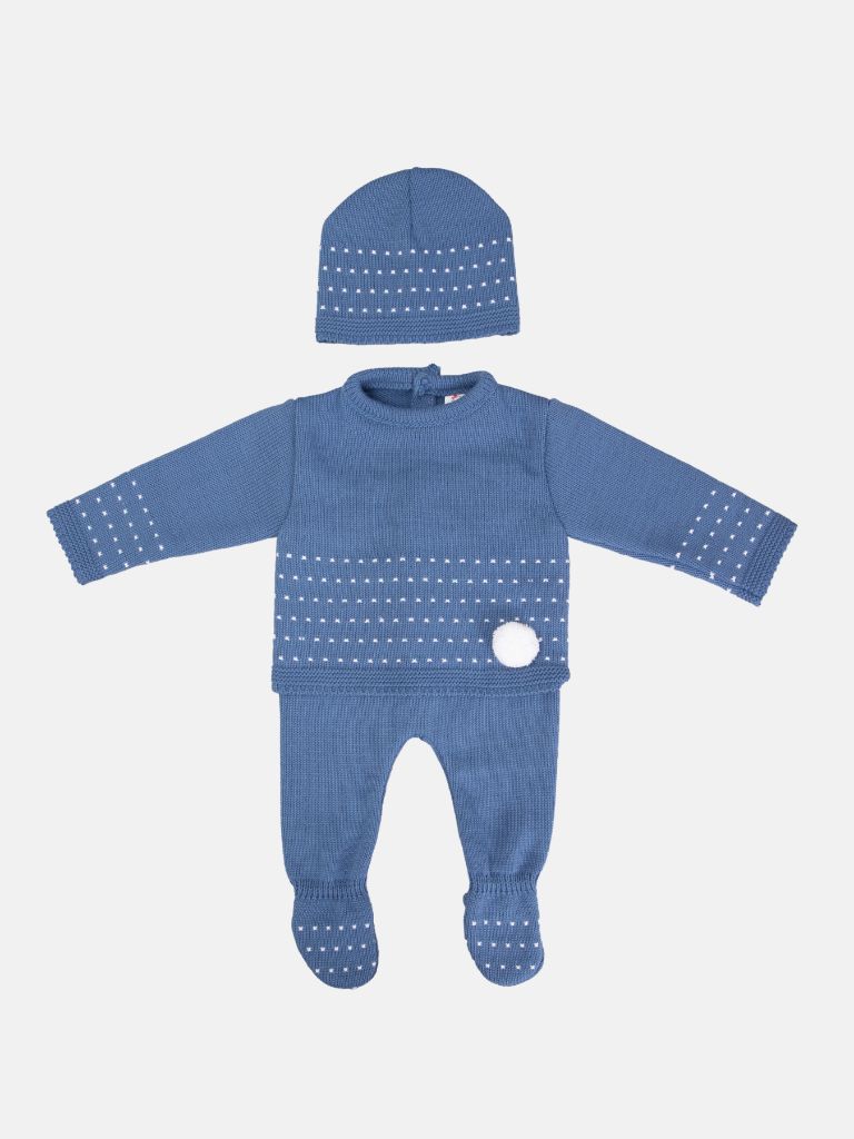 Baby Unisex 3-piece Dotted Line Knitted Gift Box Set - Blue