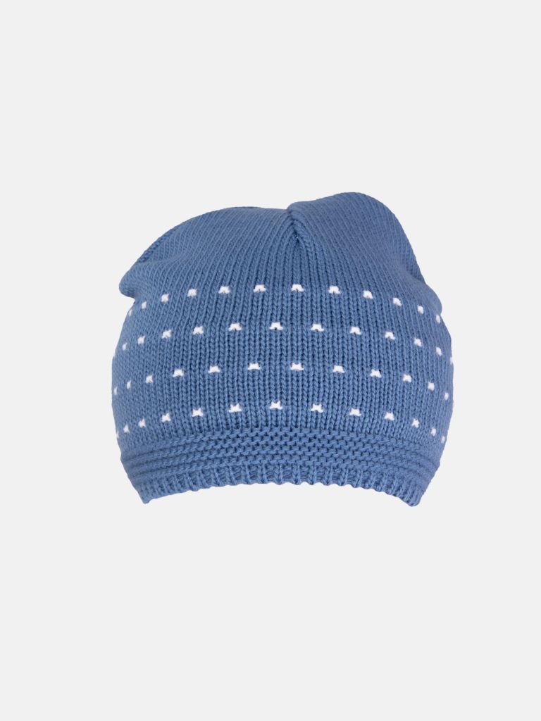 Baby Unisex 3-piece Dotted Line Knitted Gift Box Set with Full Sleeve Top with Pom-pom, Trouser with Booties, and Beanie Hat - Blue